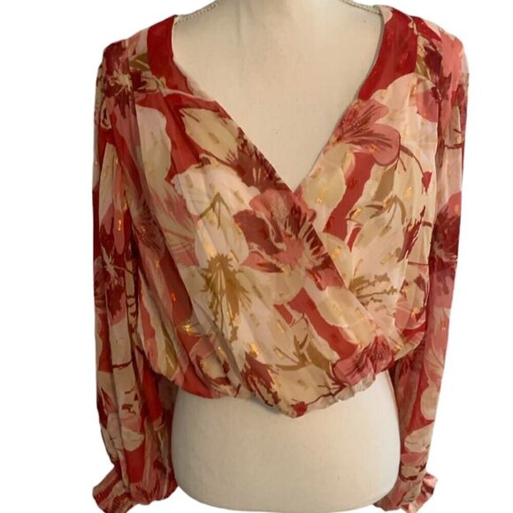Flying Tomato  Pink Gold Metallic Floral Balloon Sleeve Top - Picture 2 of 4